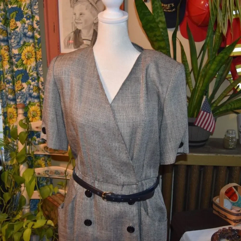 Vintage 80s Does 40s Caron Petite Chicago Power Dress Gray Tweed Size M